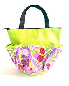 10 Pocket Zipper Purple Flowers and Red Cherries Lime Green Bag